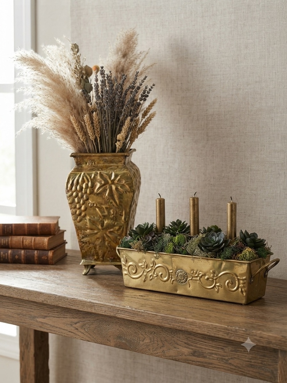 Set of 2 Vintage Solid Brass Planters & Vases – Embossed Floral & Grape Motifs